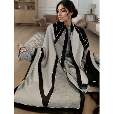 Plus Size Geometric Pattern Large Scarf, Soft Cozy Color Block Linen Shawl For Fall & Winter, Women's Plus Size Clothing Plus Size Geometric Pattern Large Scarf, Soft Cozy Color Block Linen Shawl For Fall & Winter, Women's Plus Size Clothing